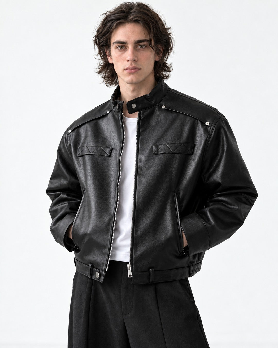 Snap Collar Buckle Hem Racer Jacket