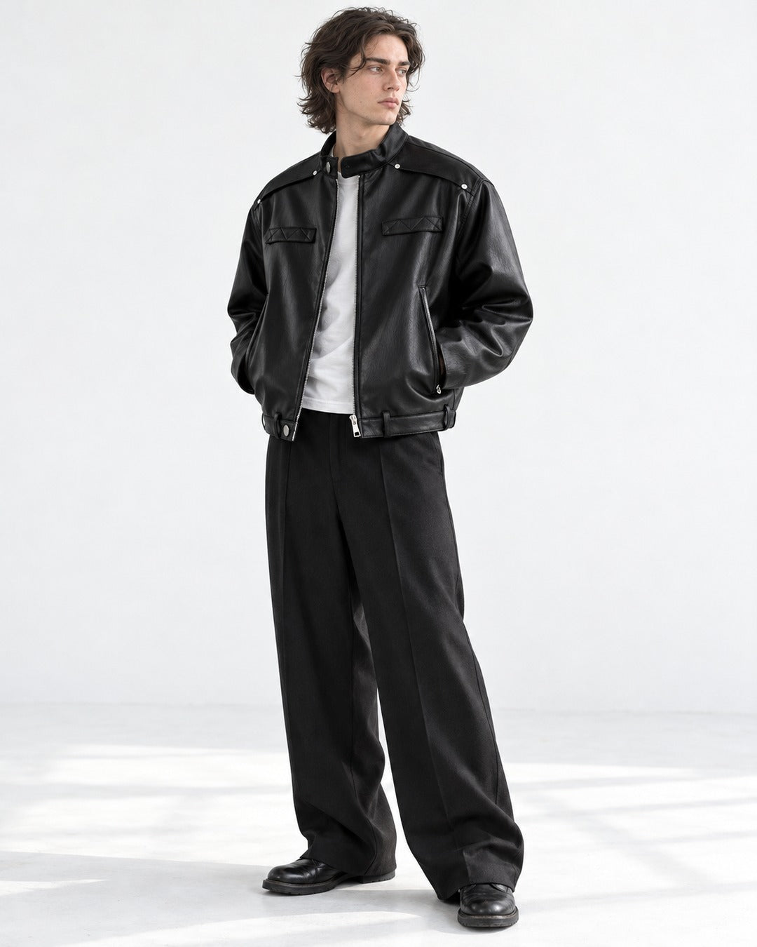 Snap Collar Buckle Hem Racer Jacket