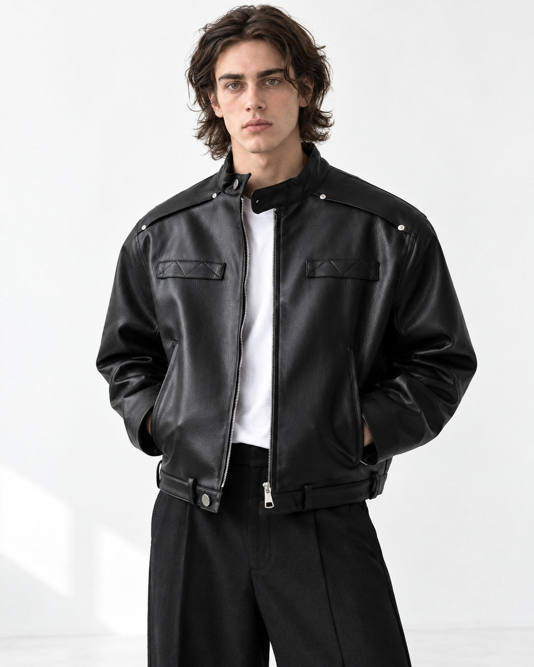 Snap Collar Buckle Hem Racer Jacket