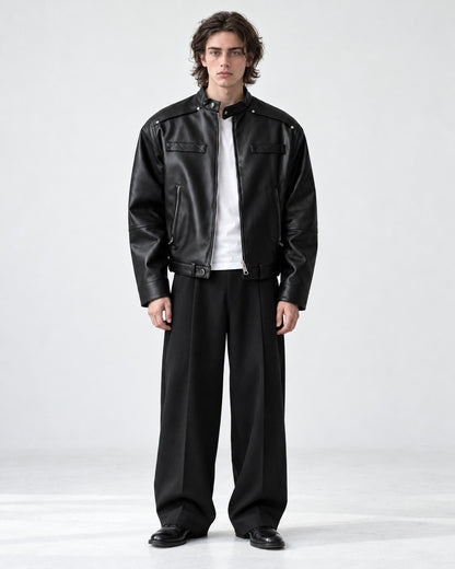 Snap Collar Buckle Hem Racer Jacket