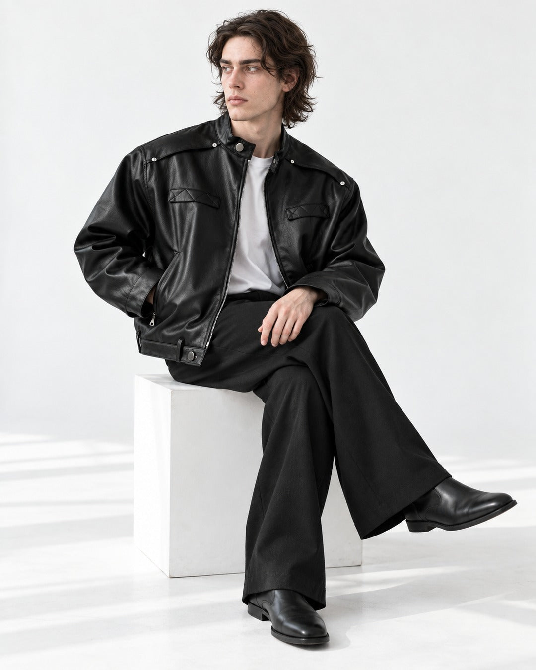 Snap Collar Buckle Hem Racer Jacket