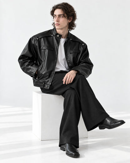 Snap Collar Buckle Hem Racer Jacket