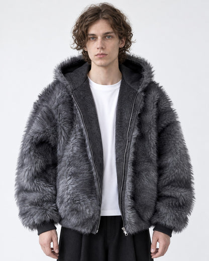 Oversized Shaggy-Fur Hooded Zip Jacket