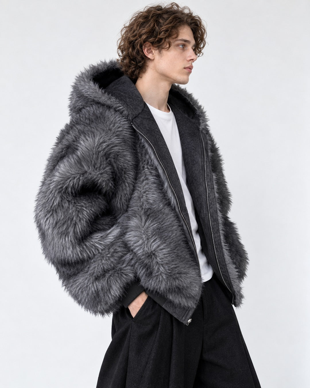 Oversized Shaggy-Fur Hooded Zip Jacket