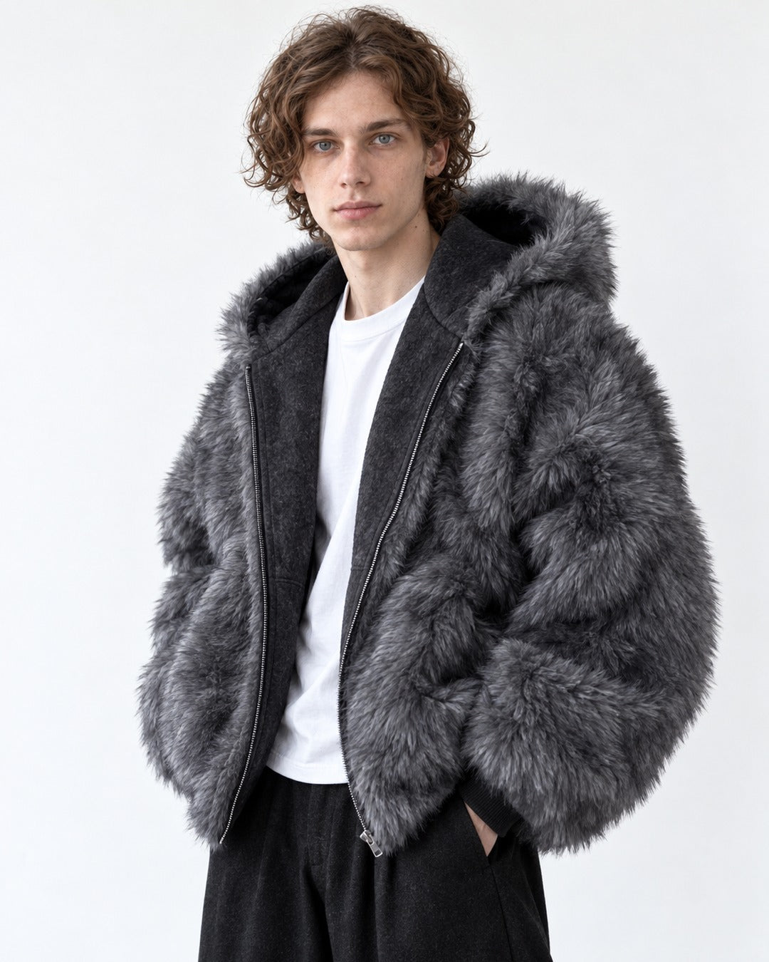 Oversized Shaggy-Fur Hooded Zip Jacket
