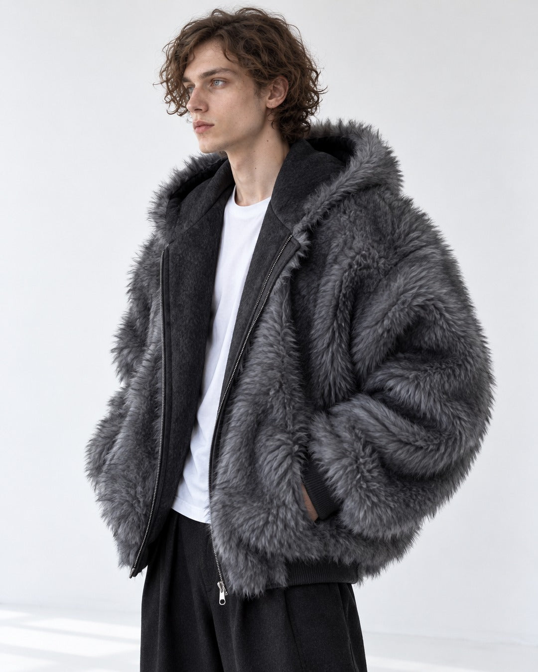 Oversized Shaggy-Fur Hooded Zip Jacket