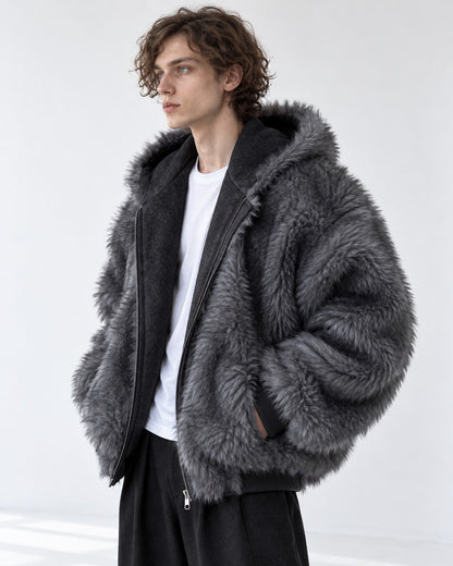 Oversized Shaggy-Fur Hooded Zip Jacket