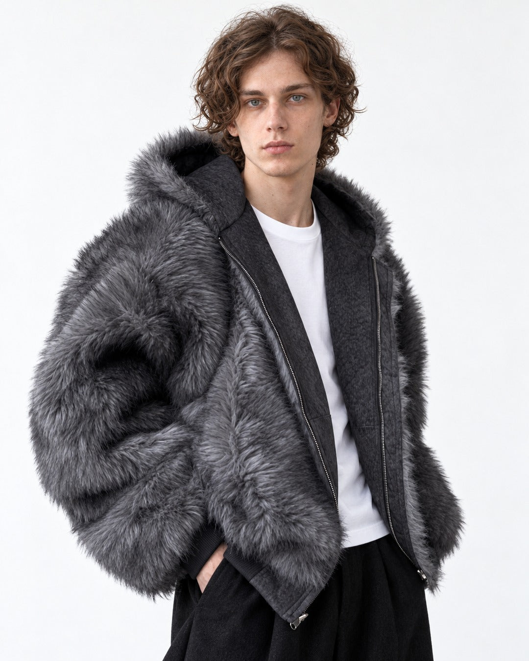 Oversized Shaggy-Fur Hooded Zip Jacket