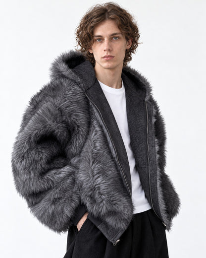Oversized Shaggy-Fur Hooded Zip Jacket