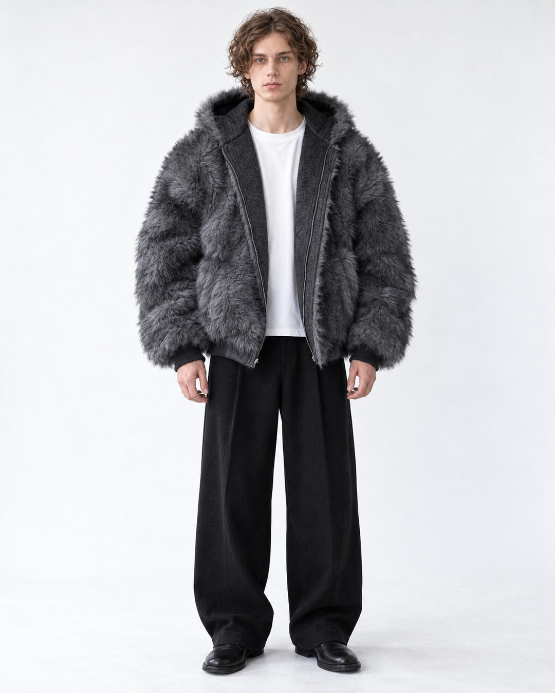 Oversized Shaggy-Fur Hooded Zip Jacket