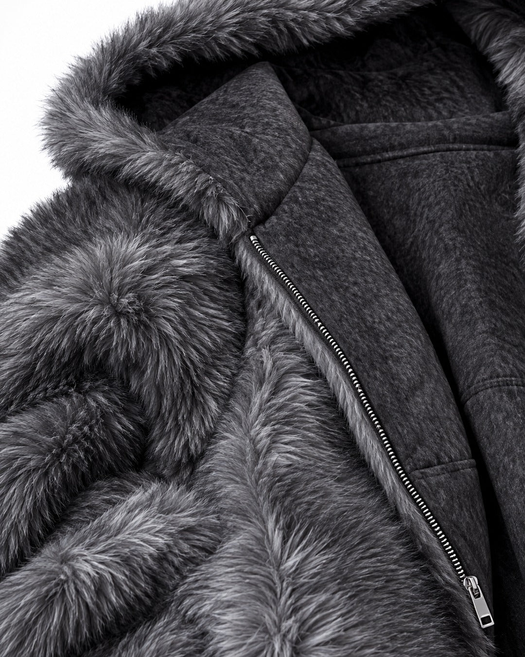 Oversized Shaggy-Fur Hooded Zip Jacket
