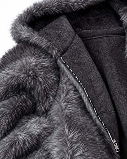 Oversized Shaggy-Fur Hooded Zip Jacket