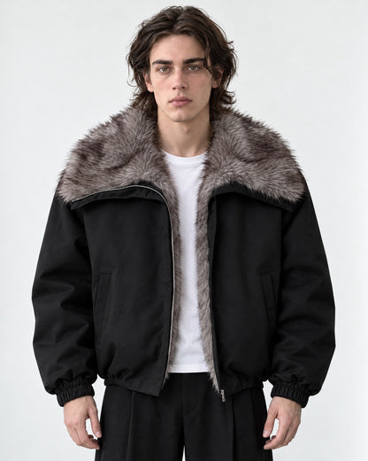 Oversized-Collar Zip Bomber Jacket
