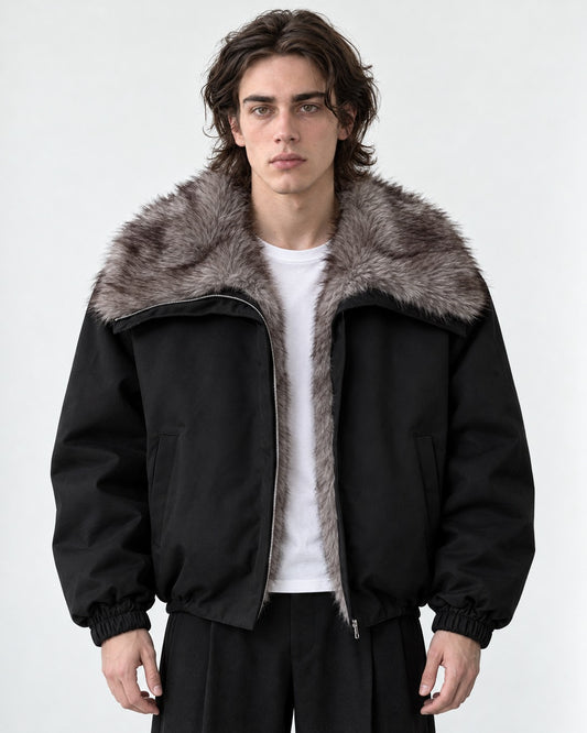 Oversized-Collar Zip Bomber Jacket