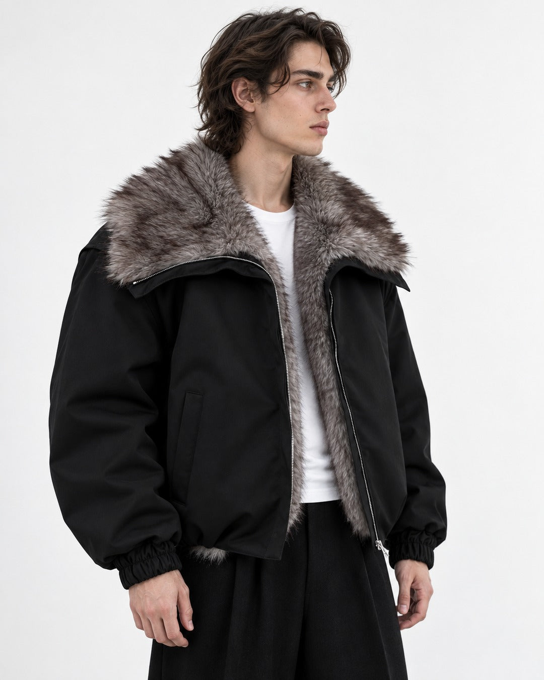 Oversized-Collar Zip Bomber Jacket