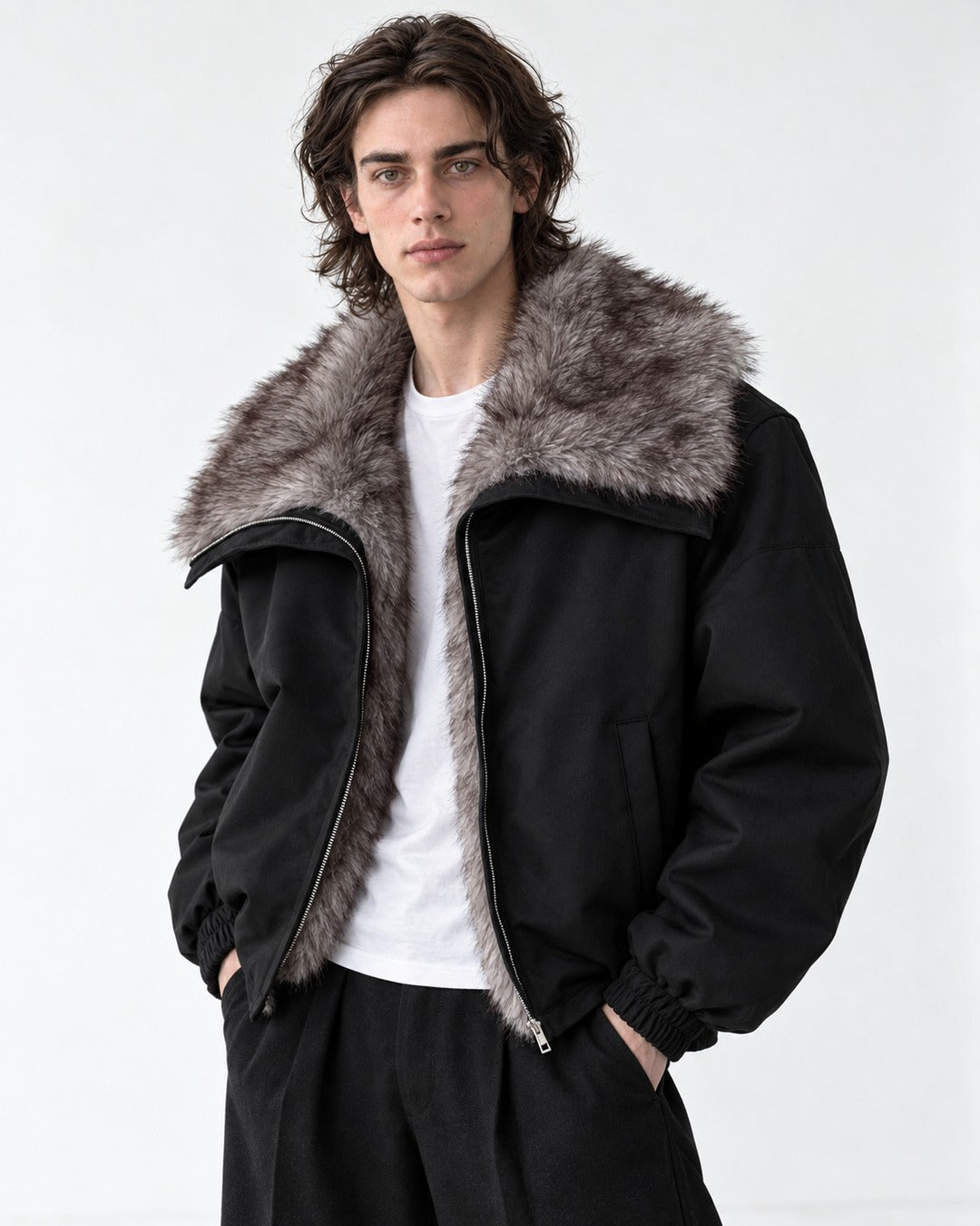 Oversized-Collar Zip Bomber Jacket