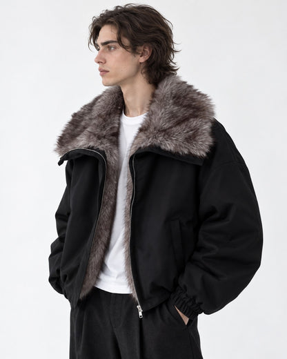 Oversized-Collar Zip Bomber Jacket