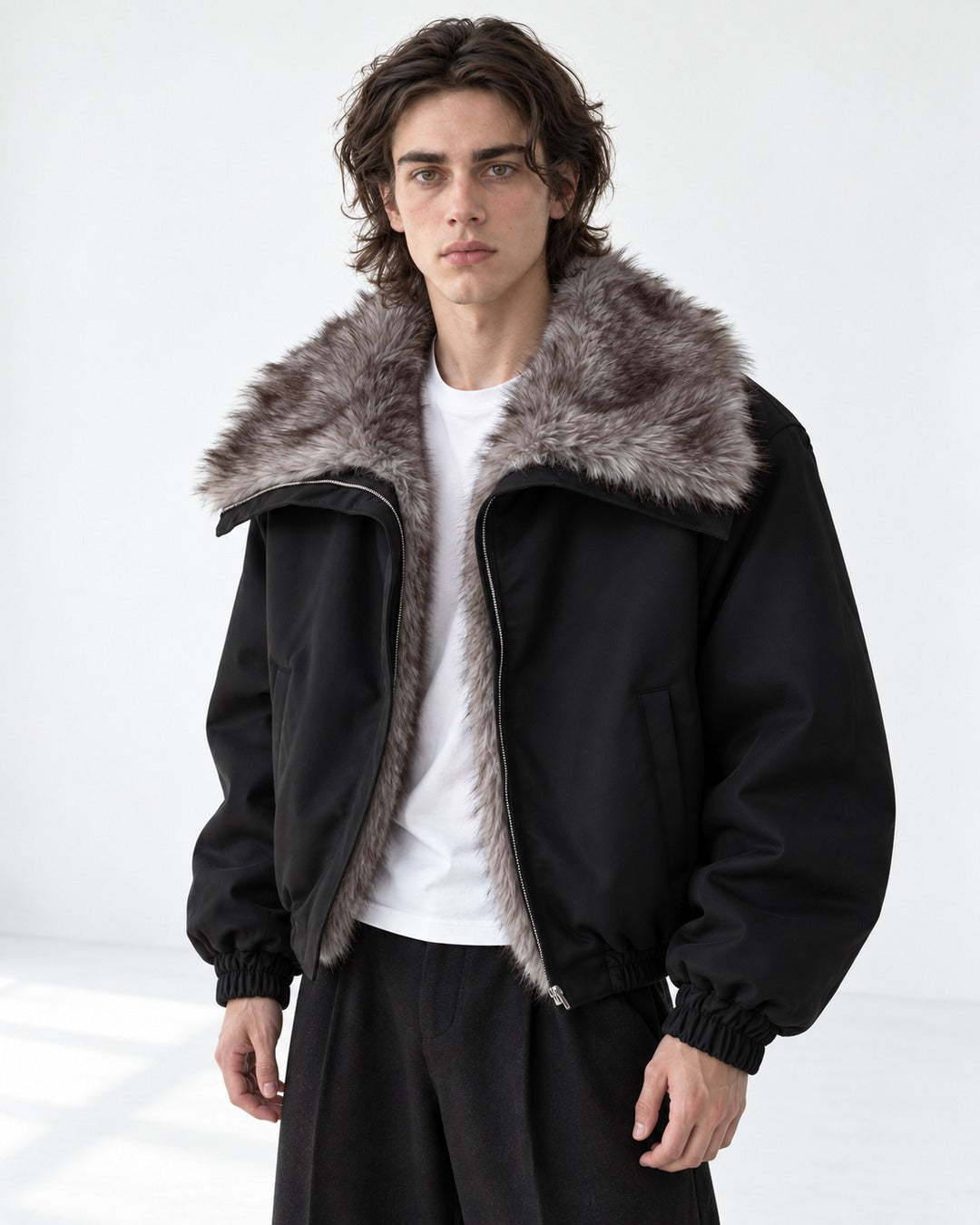 Oversized-Collar Zip Bomber Jacket