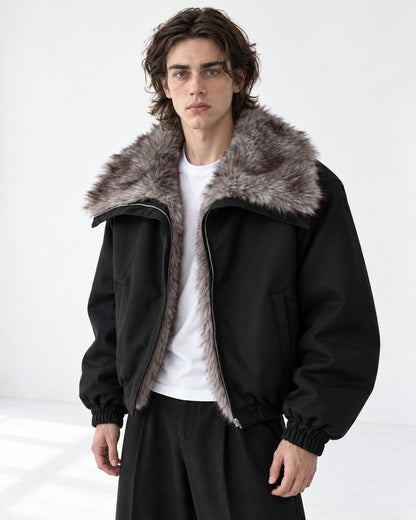 Oversized-Collar Zip Bomber Jacket