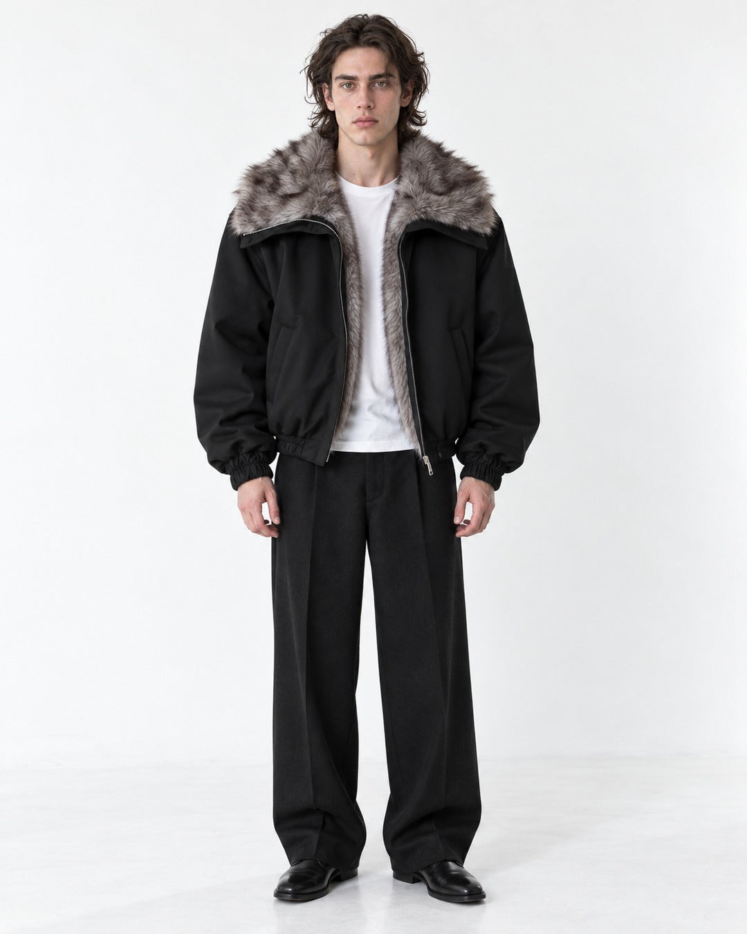 Oversized-Collar Zip Bomber Jacket