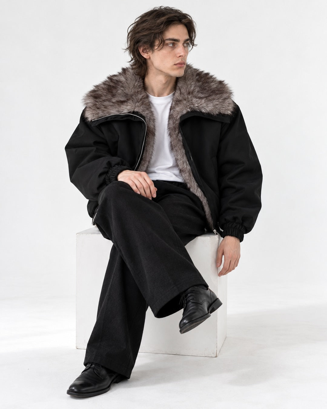 Oversized-Collar Zip Bomber Jacket
