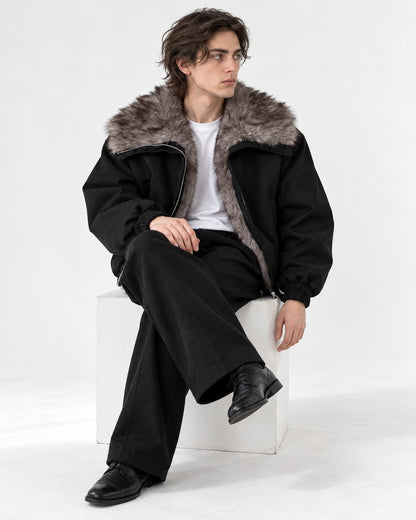 Oversized-Collar Zip Bomber Jacket