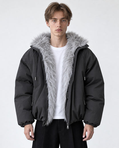 Drawstring Hood Trimmed Bomber Jacket