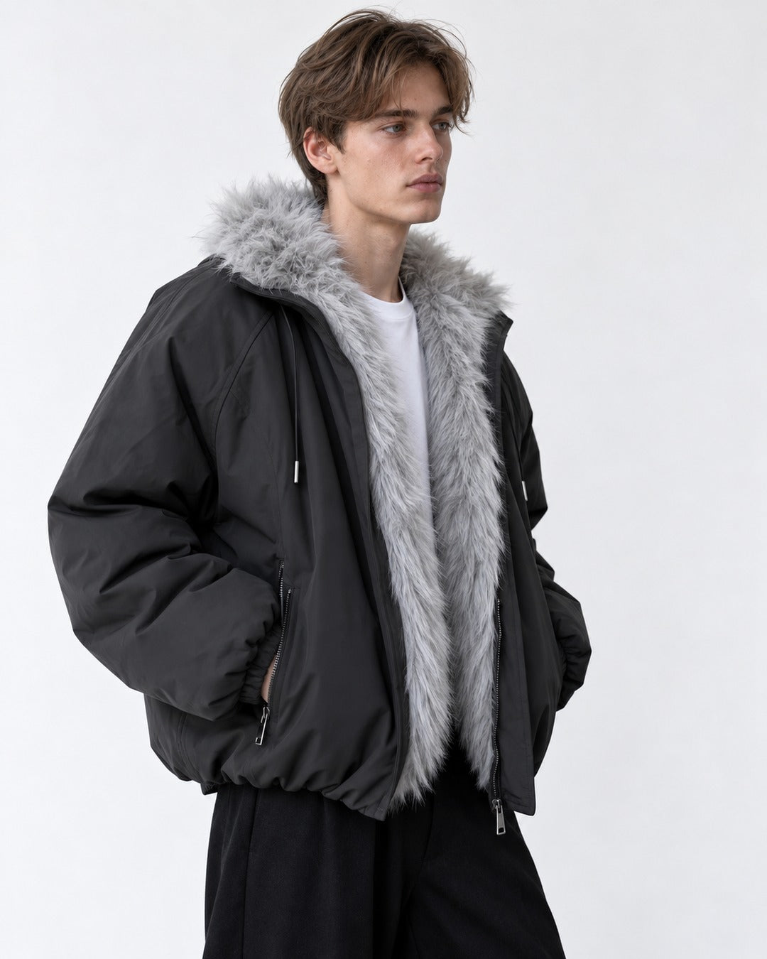 Drawstring Hood Trimmed Bomber Jacket