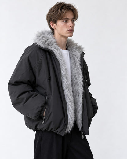 Drawstring Hood Trimmed Bomber Jacket