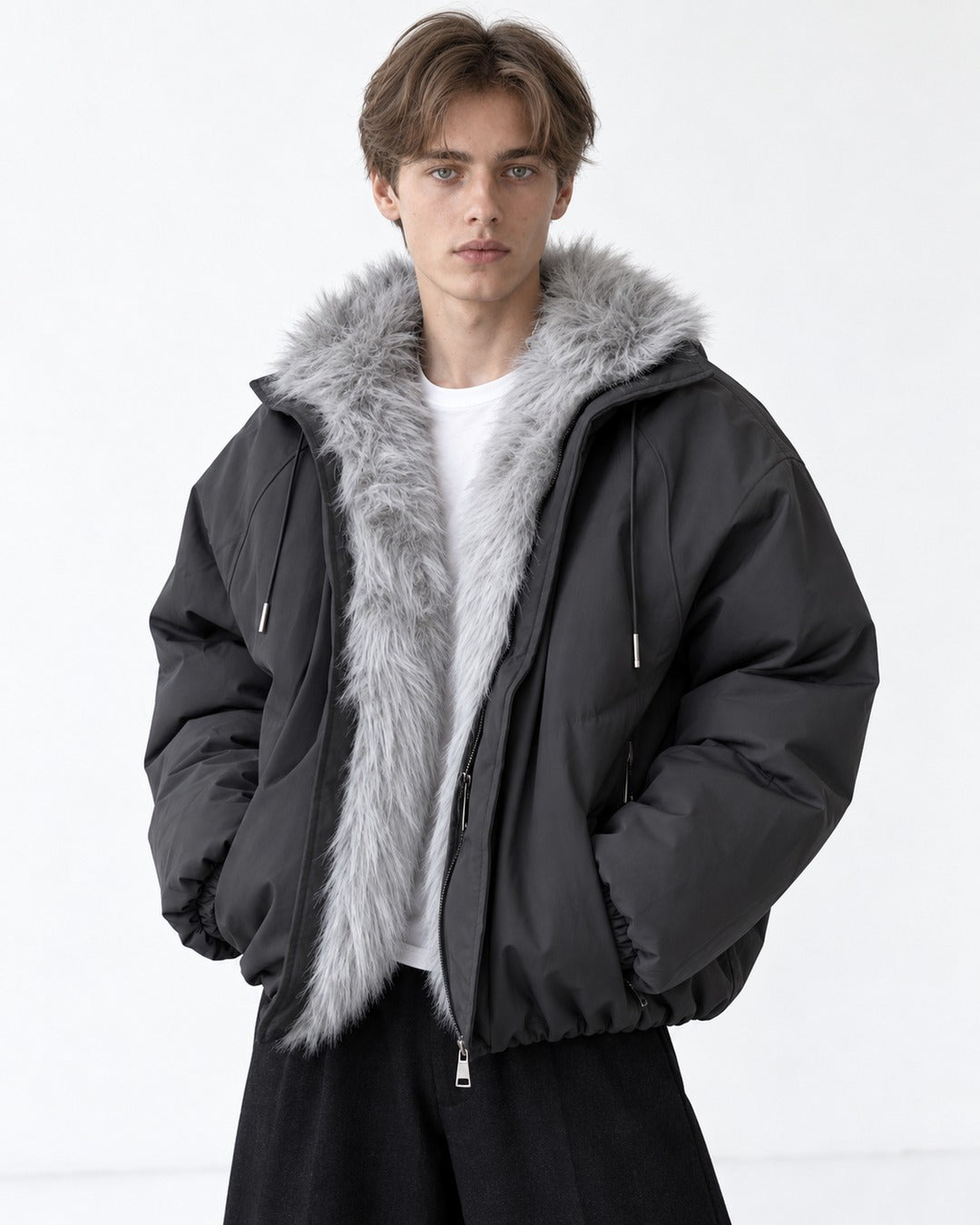 Drawstring Hood Trimmed Bomber Jacket
