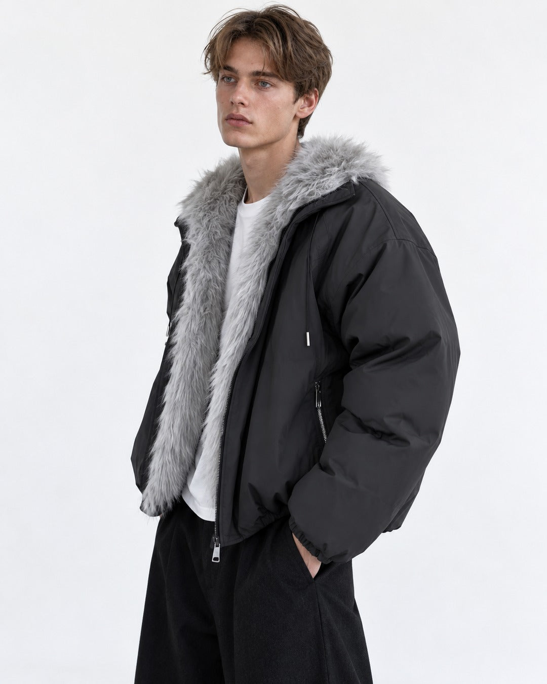 Drawstring Hood Trimmed Bomber Jacket