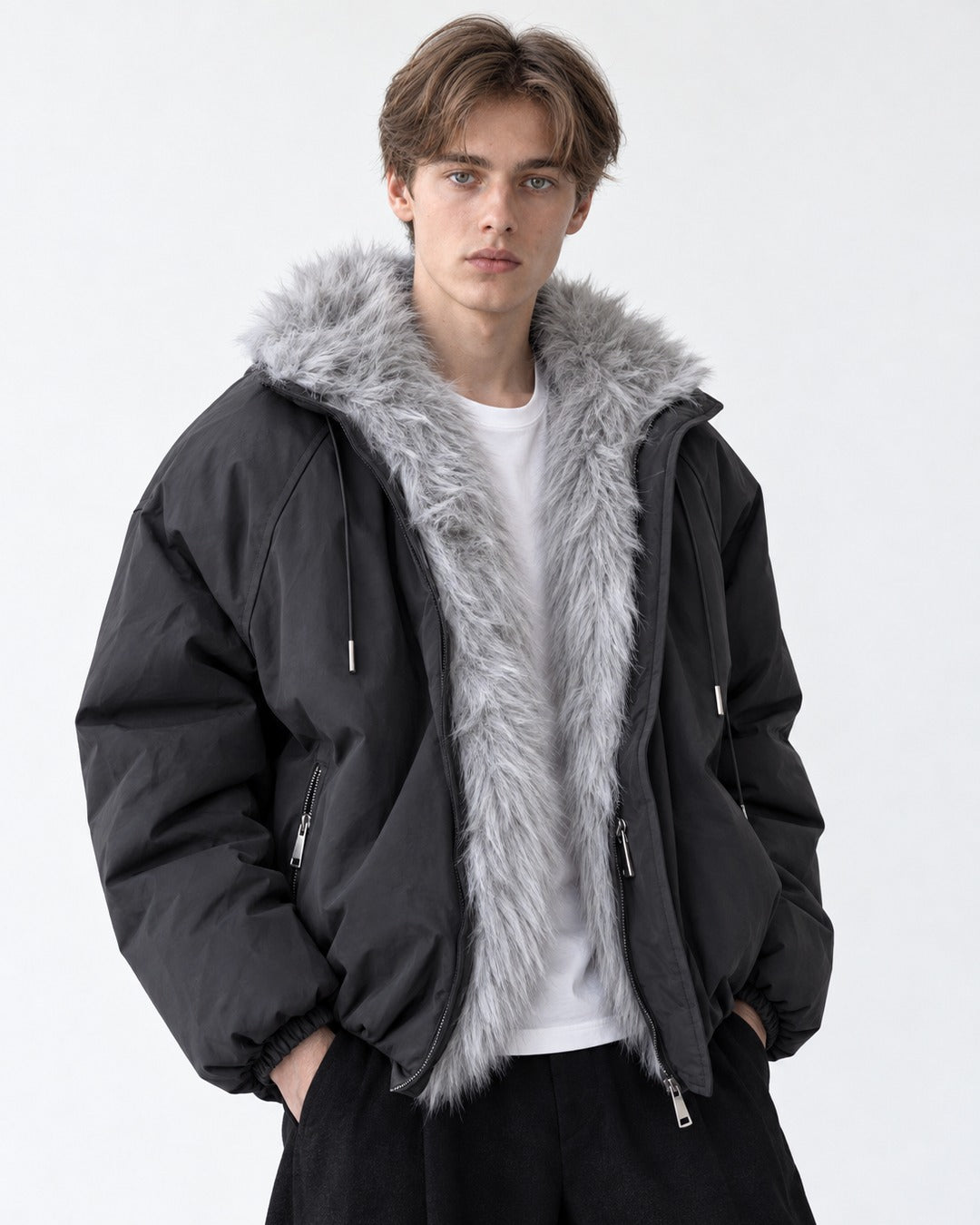 Drawstring Hood Trimmed Bomber Jacket