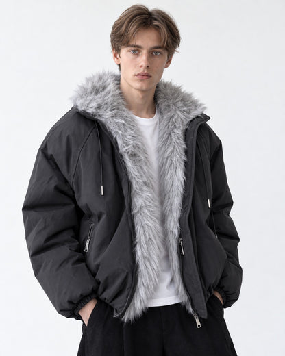 Drawstring Hood Trimmed Bomber Jacket