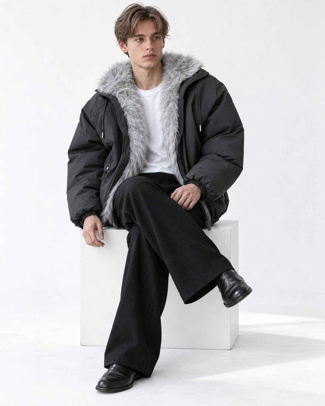 Drawstring Hood Trimmed Bomber Jacket