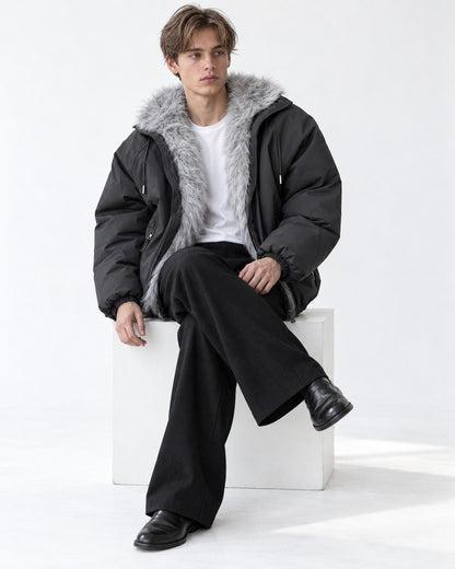 Drawstring Hood Trimmed Bomber Jacket