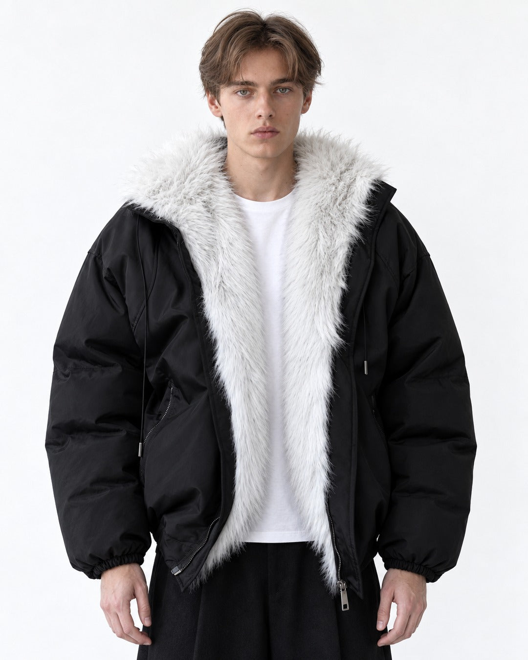 Drawstring Hood Trimmed Bomber Jacket