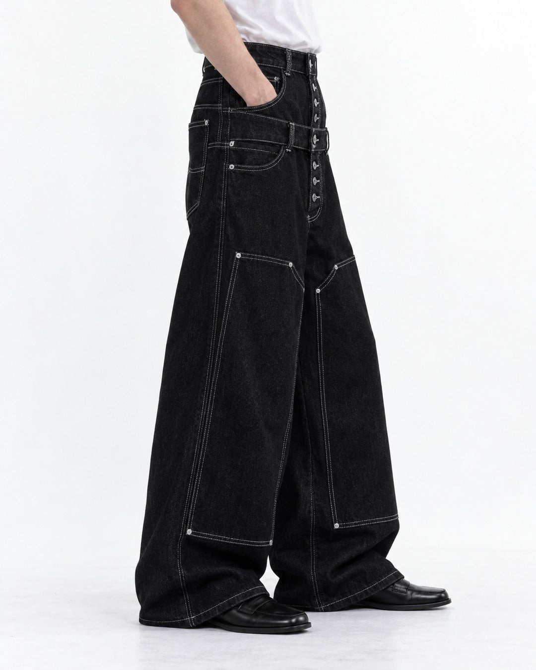 Double Waistband Patchwork Jeans