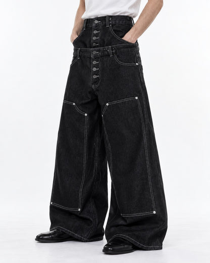 Double Waistband Patchwork Jeans