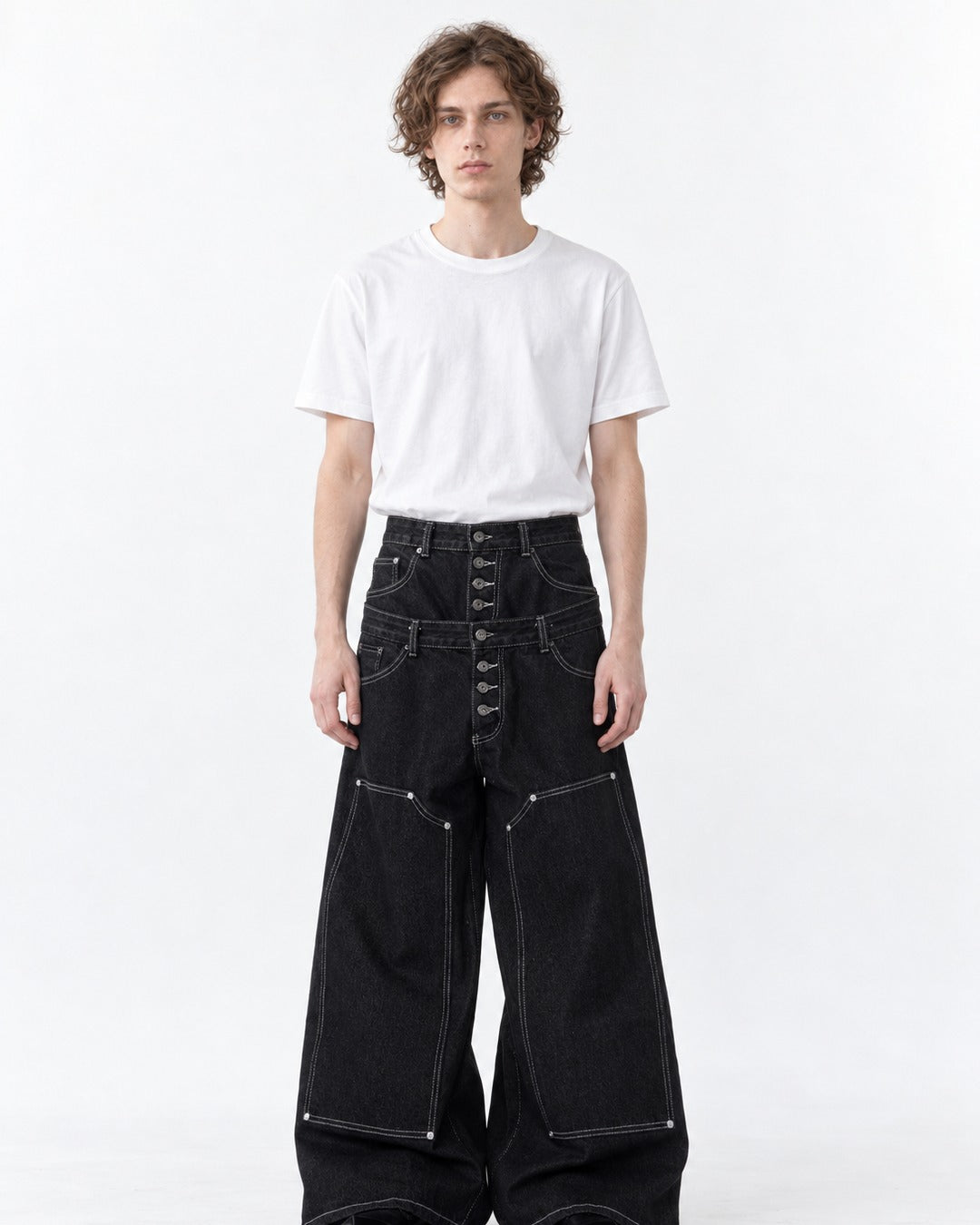 Double Waistband Patchwork Jeans