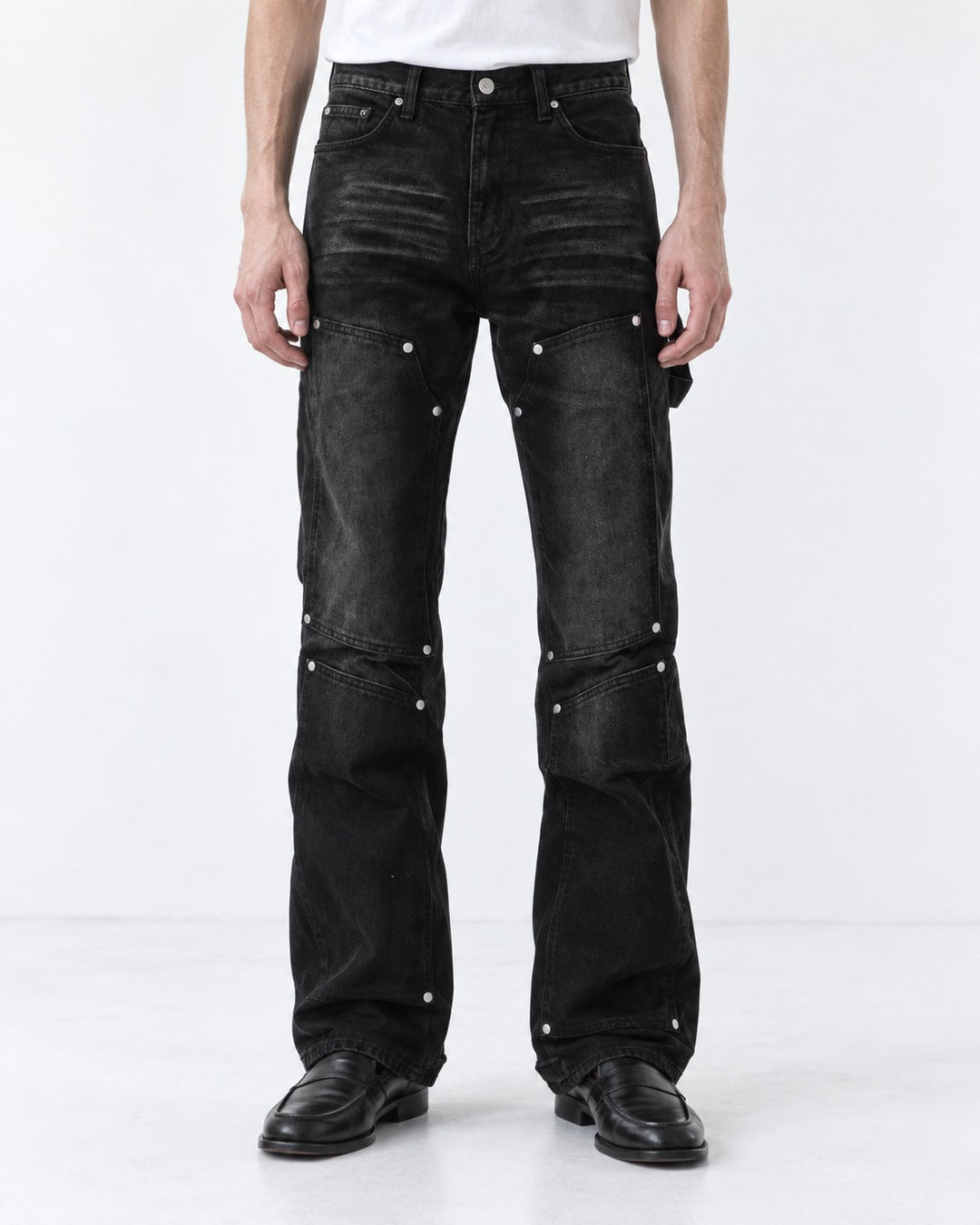 Washed Denim Pants with Pocket Studs