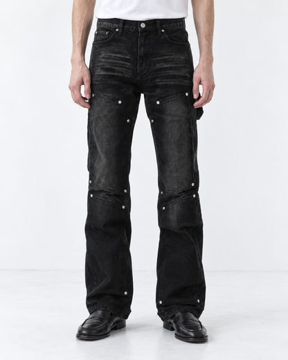 Washed Denim Pants with Pocket Studs