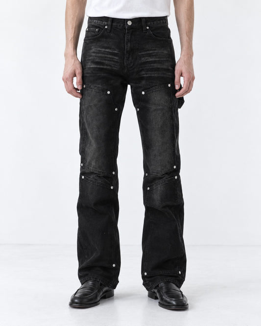 Washed Denim Pants with Pocket Studs