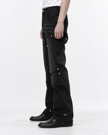 Washed Denim Pants with Pocket Studs