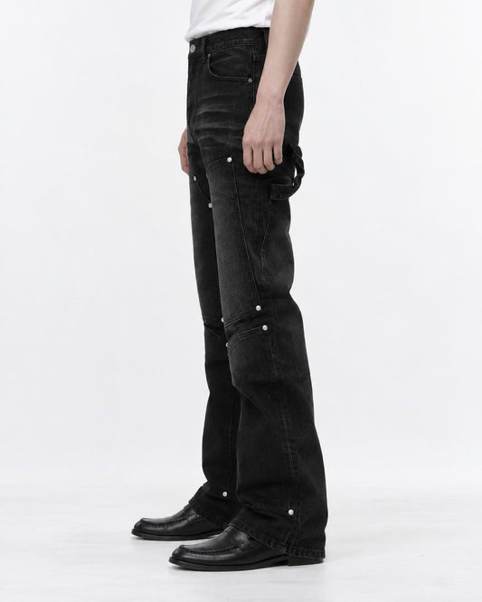 Washed Denim Pants with Pocket Studs