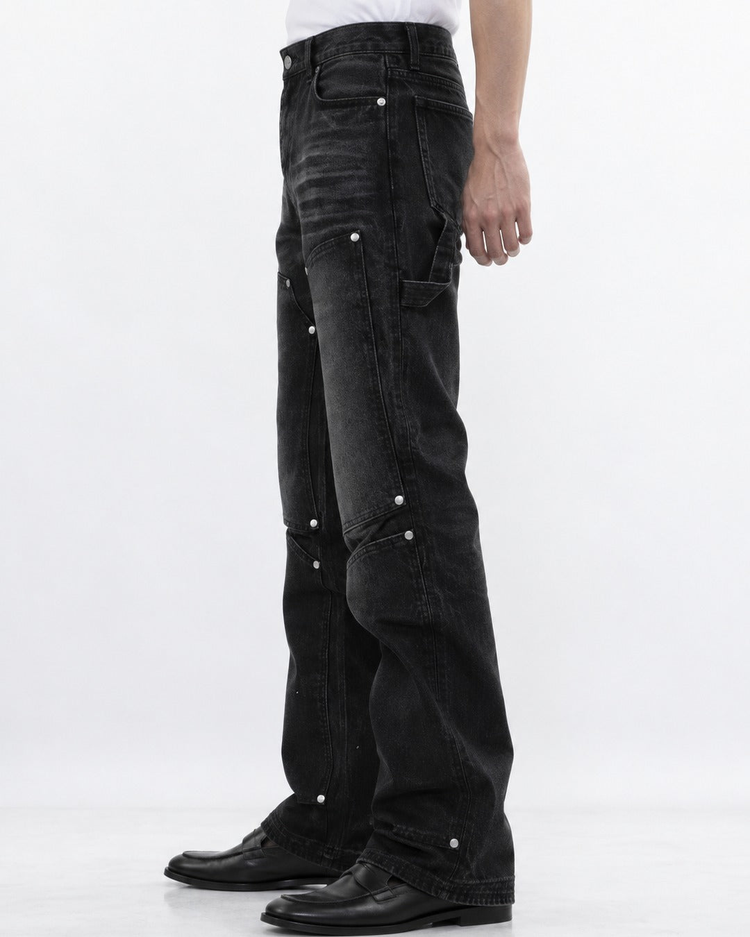 Washed Denim Pants with Pocket Studs