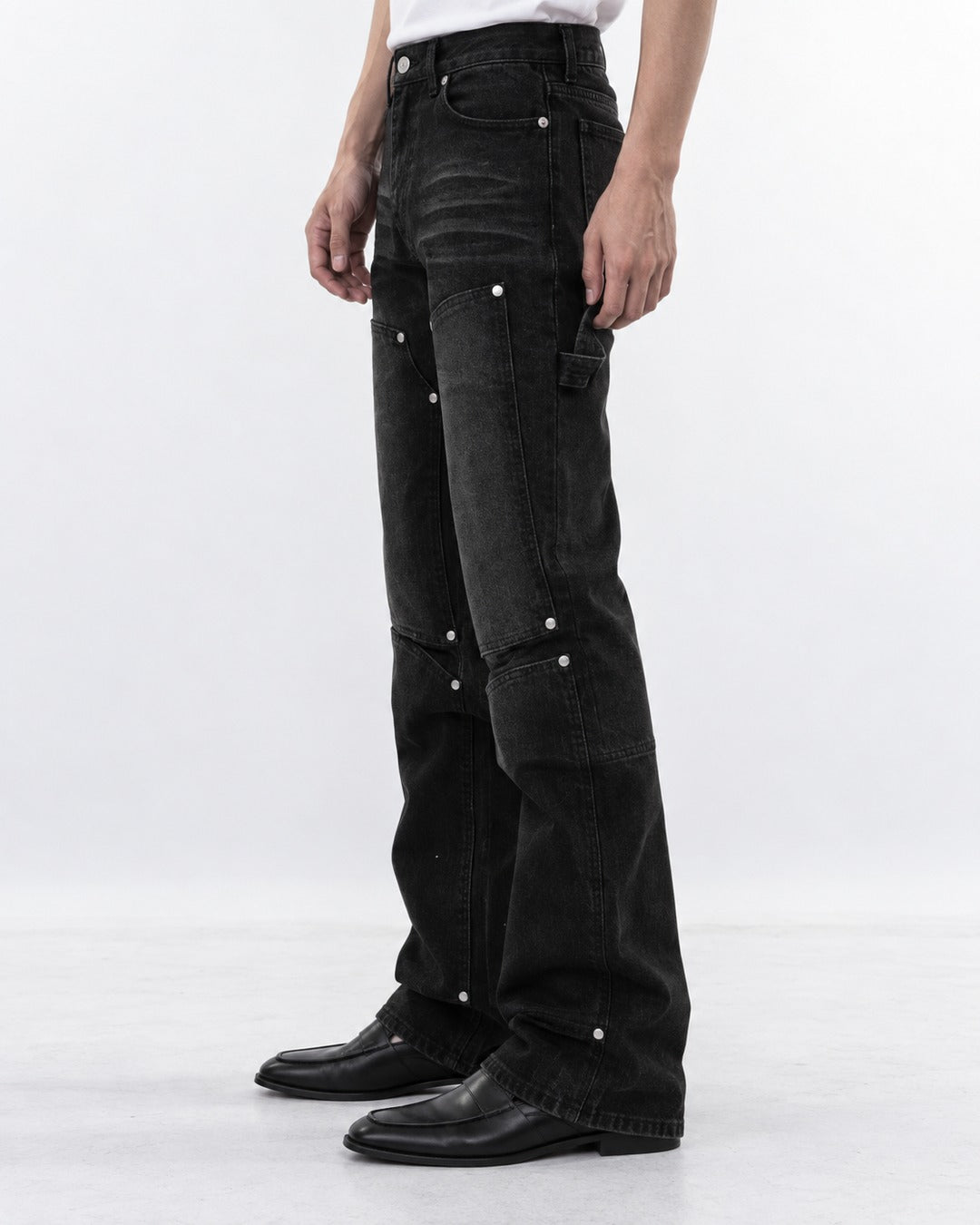 Washed Denim Pants with Pocket Studs
