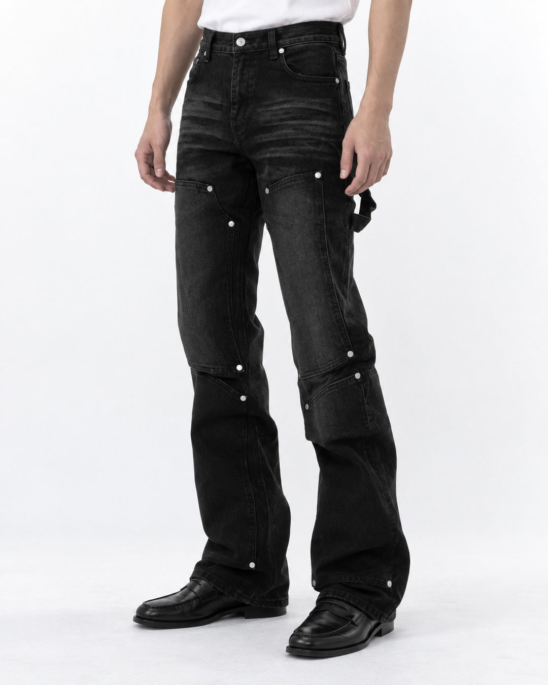 Washed Denim Pants with Pocket Studs