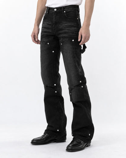 Washed Denim Pants with Pocket Studs