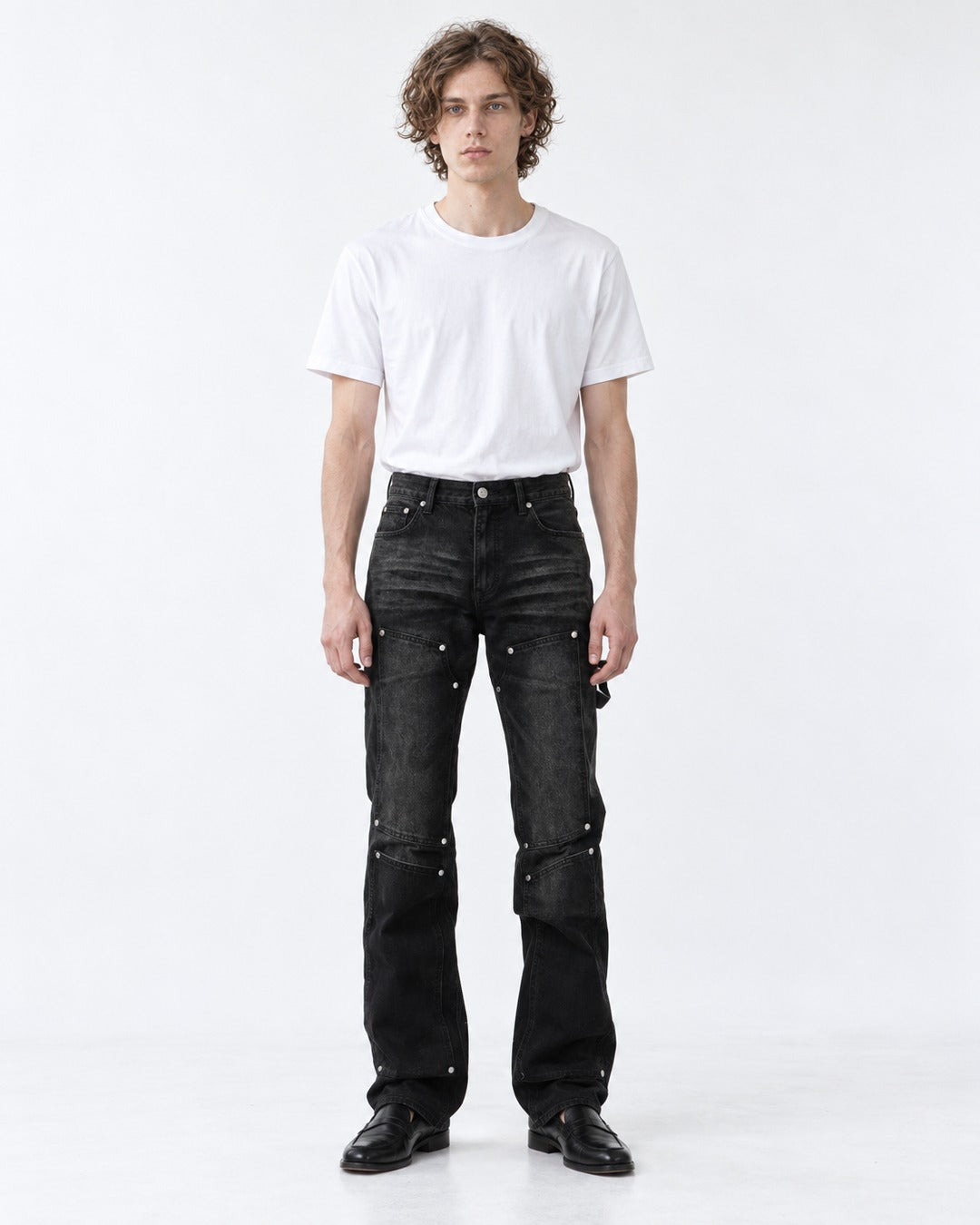 Washed Denim Pants with Pocket Studs