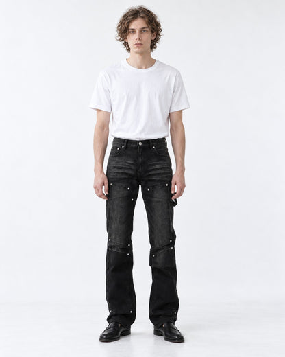 Washed Denim Pants with Pocket Studs